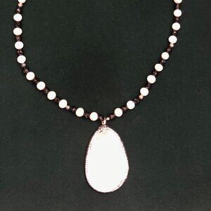 Freshwater Perl, Drusy Quartz, Onyx, Diamond Simulant Rhodium Necklace
